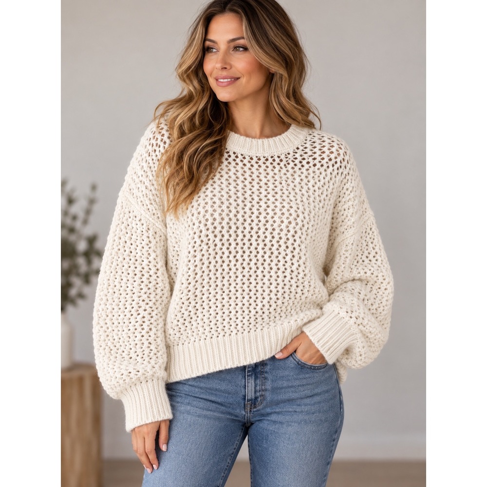 Wild Fable Cream Open Knit Sweater XXS Mesh Oversized Crewneck Recycled Blend